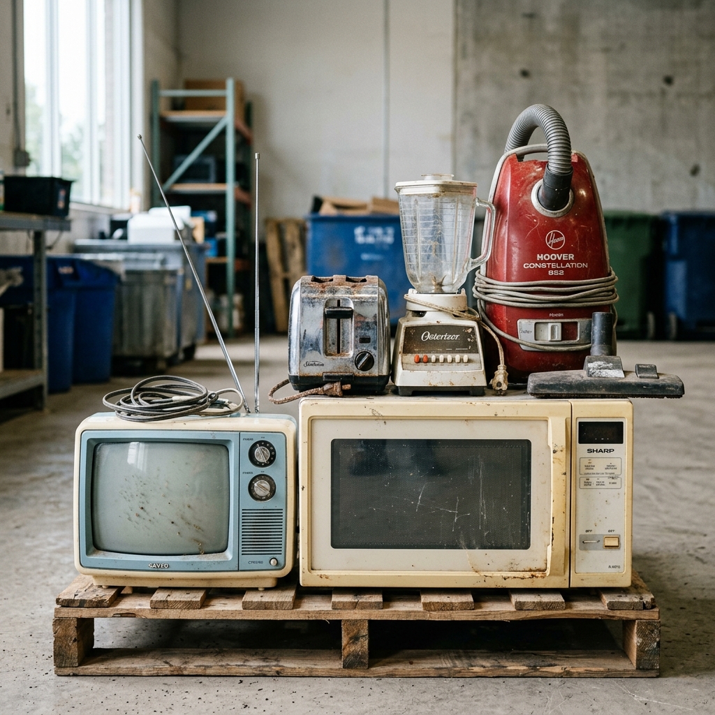 Old household appliances like a microwave, toaster, blender, and CRT TV stacked for recycling