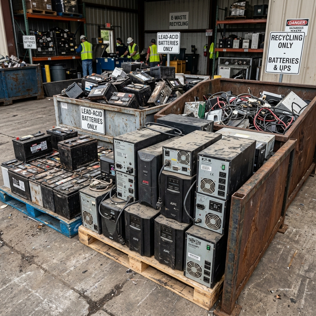 Old UPS power backup units, inverters, and lead-acid batteries collected for recycling