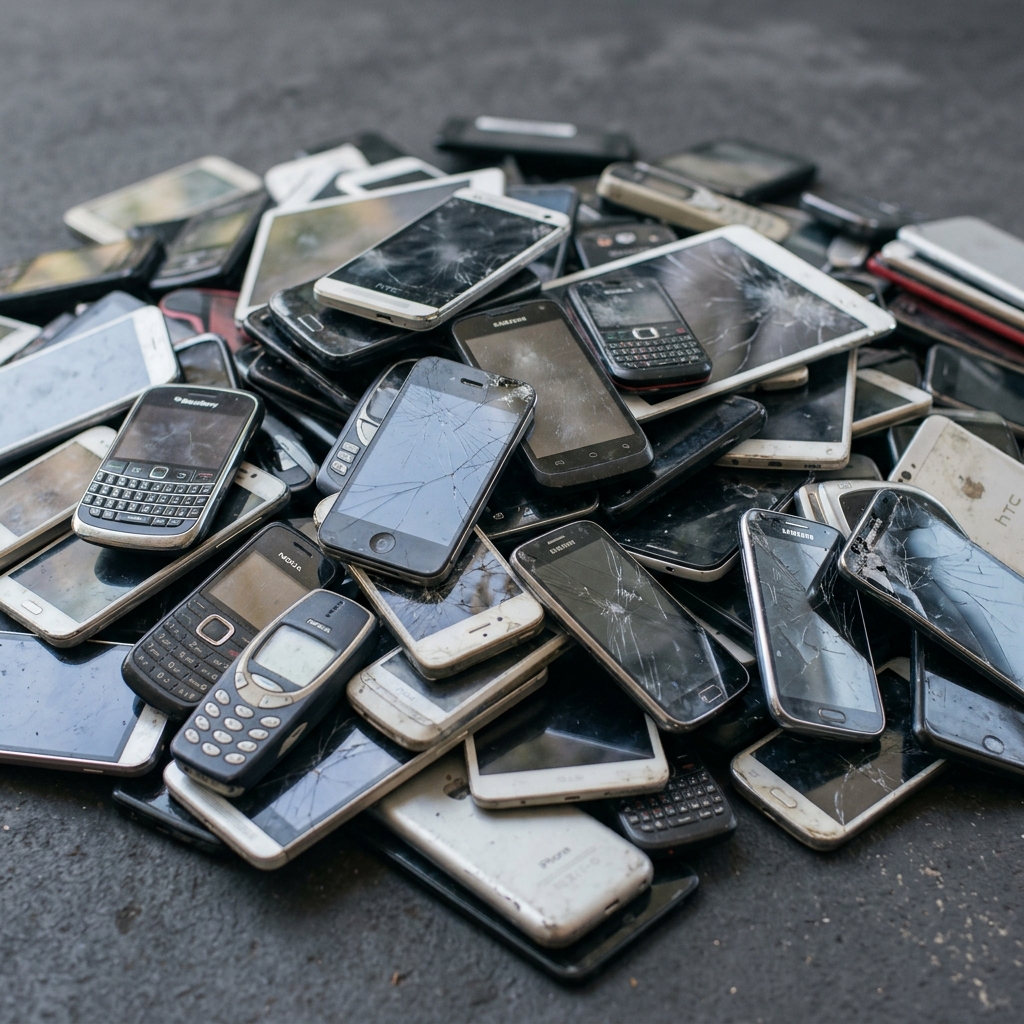 A collection of discarded old mobile phones and tablets showing cracked screens