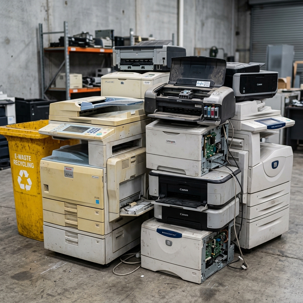 Outdated office copy machines and desktop printers ready for recycling
